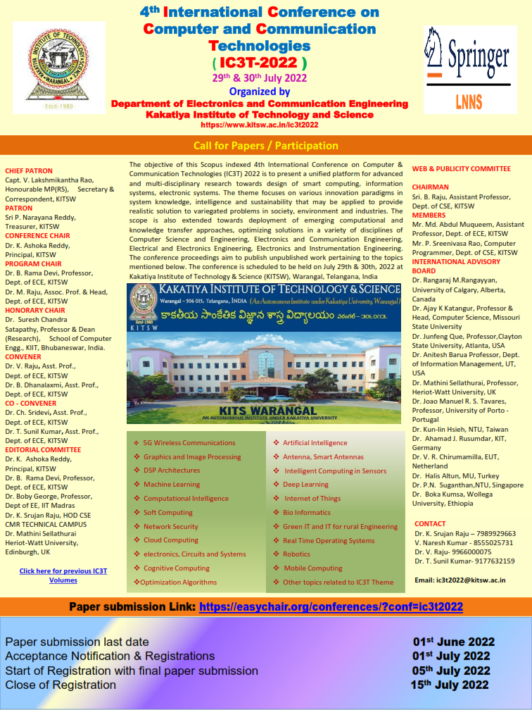 4th International Conference on Computer and Communication Technologies IC3T 2022